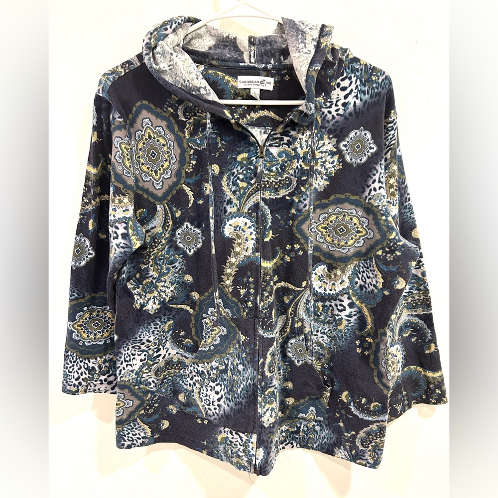 Caribbean Joe Full Zip Up Hoodie Paisley Multicolor Cotton Pockets Large